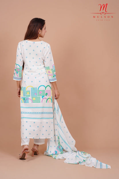 Geometric Printed Cotton Straight Kurta Set with Dupatta mulson