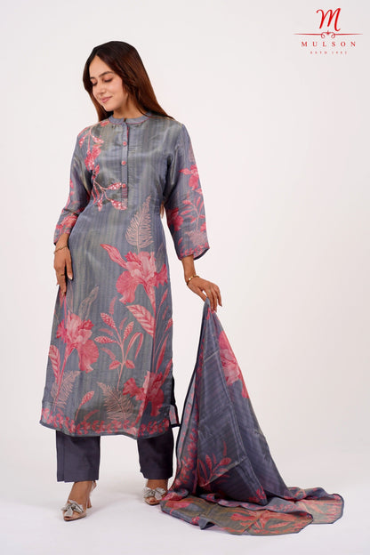 Steel Grey Floral Kurta Set with Dupatta – Mulson Designer Collection