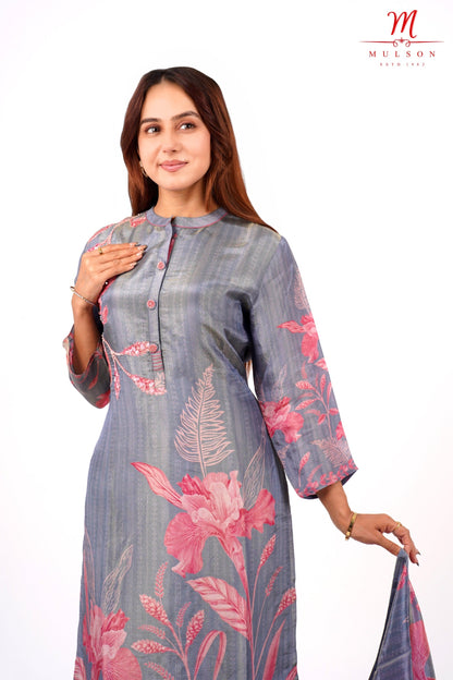 Steel Grey Floral Kurta Set with Dupatta – Mulson Designer Collection