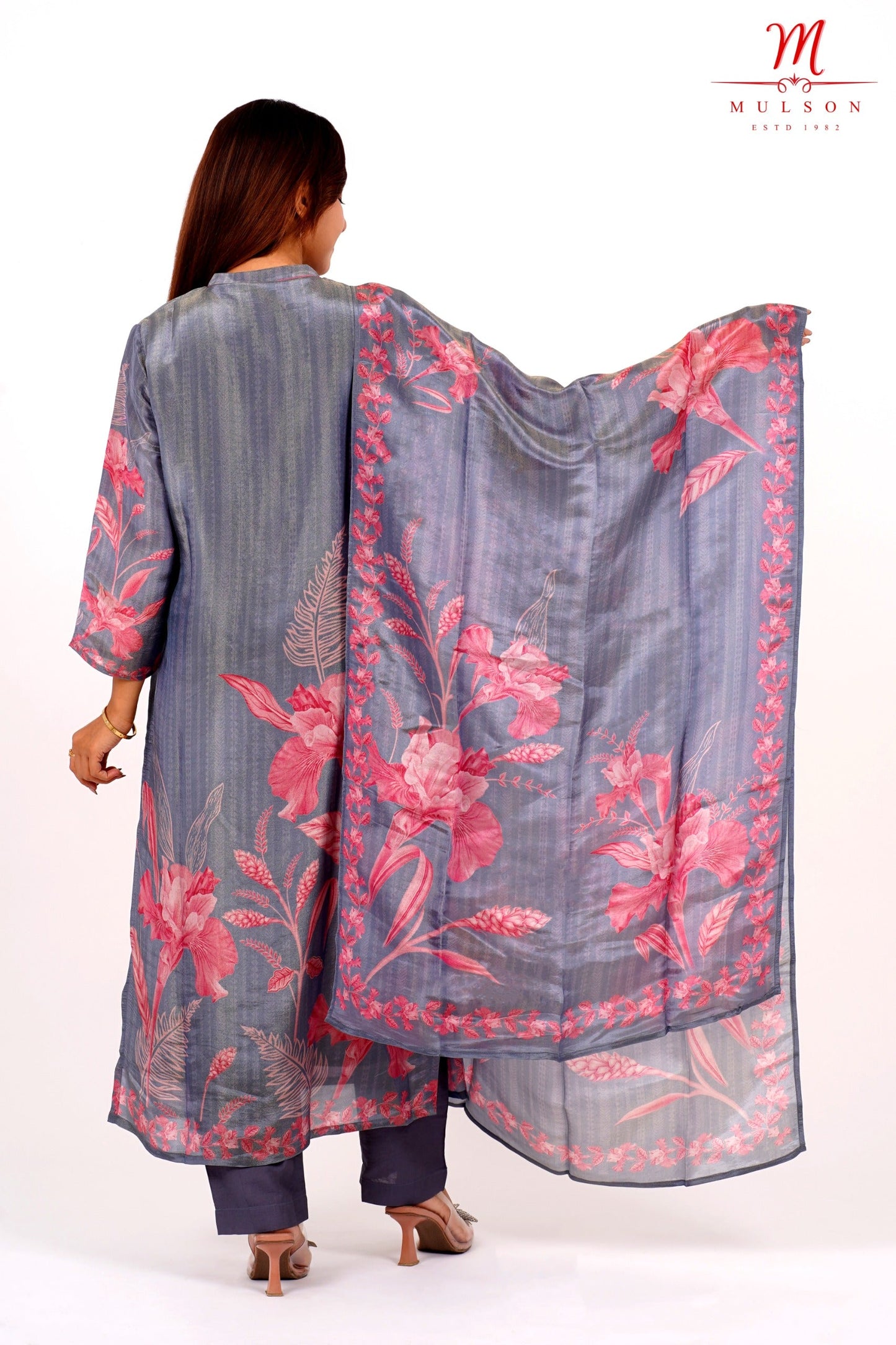 Steel Grey Floral Kurta Set with Dupatta – Mulson Designer Collection