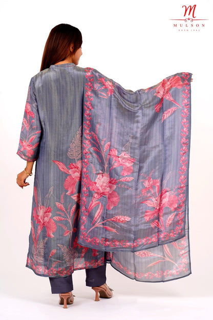 Steel Grey Floral Kurta Set with Dupatta – Mulson Designer Collection