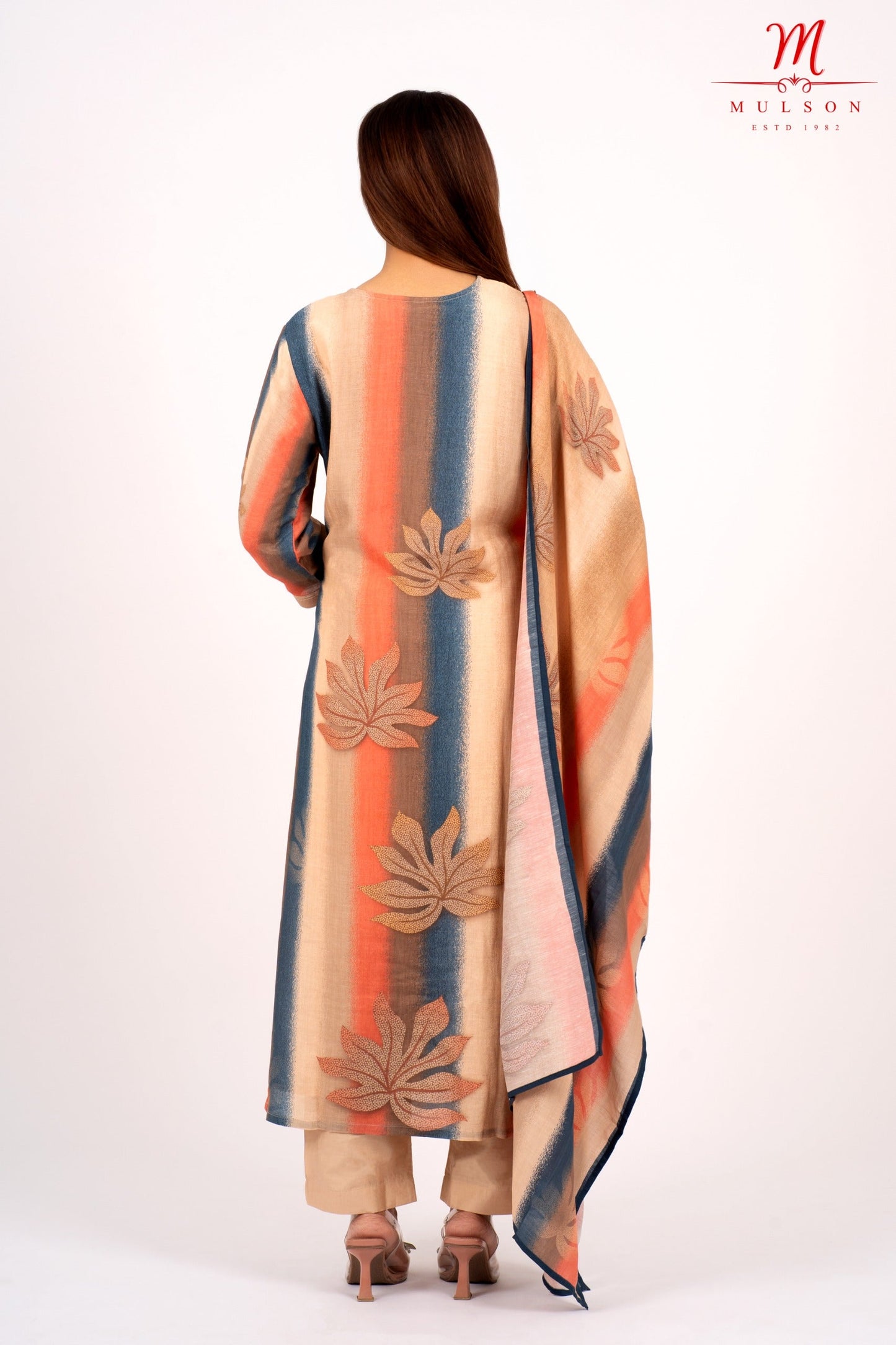 Beige Multicolor Striped Kurta Set with Embroidered Neck – Mulson
