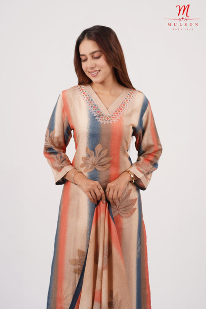 Beige Multicolor Striped Kurta Set with Embroidered Neck – Mulson