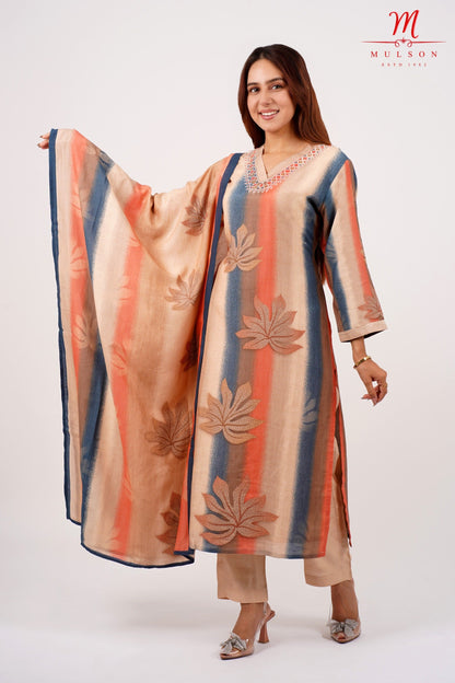 Beige Multicolor Striped Kurta Set with Embroidered Neck – Mulson
