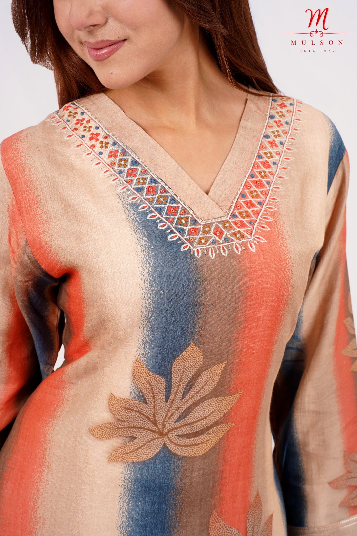 Beige Multicolor Striped Kurta Set with Embroidered Neck – Mulson