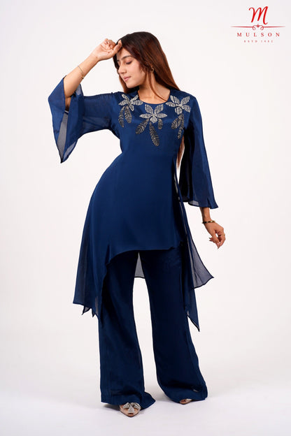 Navy Blue Asymmetric Kurta Set with Sequin Leaf Embroidery – Mulson
