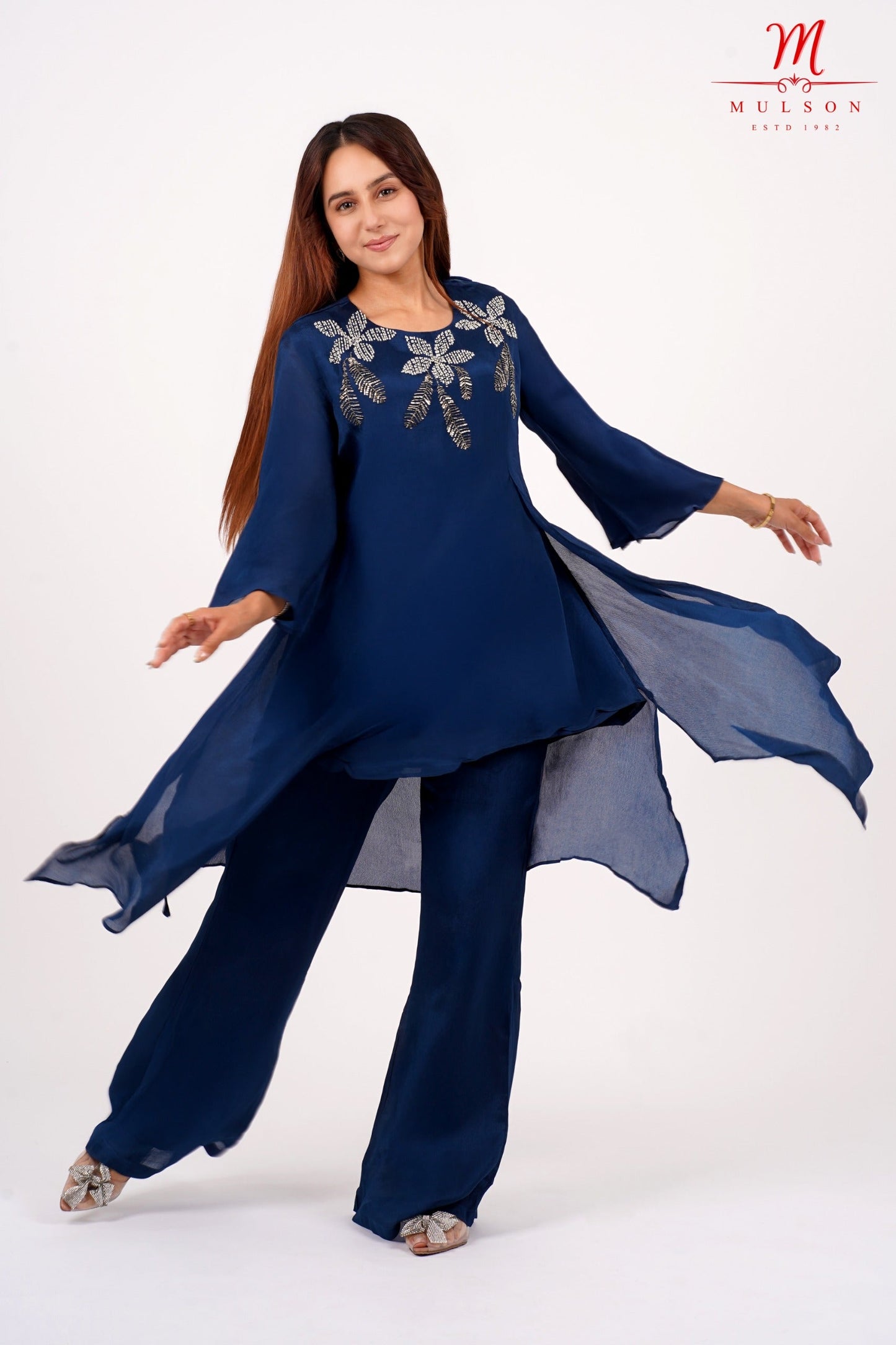 Navy Blue Asymmetric Kurta Set with Sequin Leaf Embroidery – Mulson