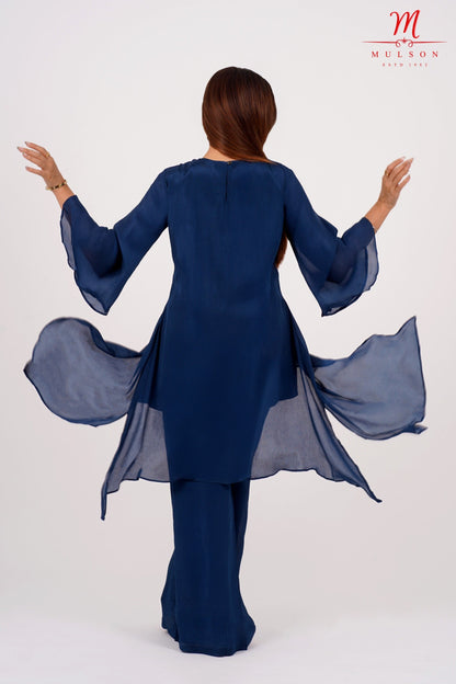Navy Blue Asymmetric Kurta Set with Sequin Leaf Embroidery – Mulson