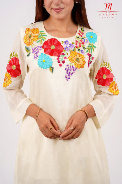 Off-White Asymmetric Kurta Set with Multicolor Floral Embroidery – Mulson