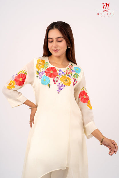 Off-White Asymmetric Kurta Set with Multicolor Floral Embroidery – Mulson