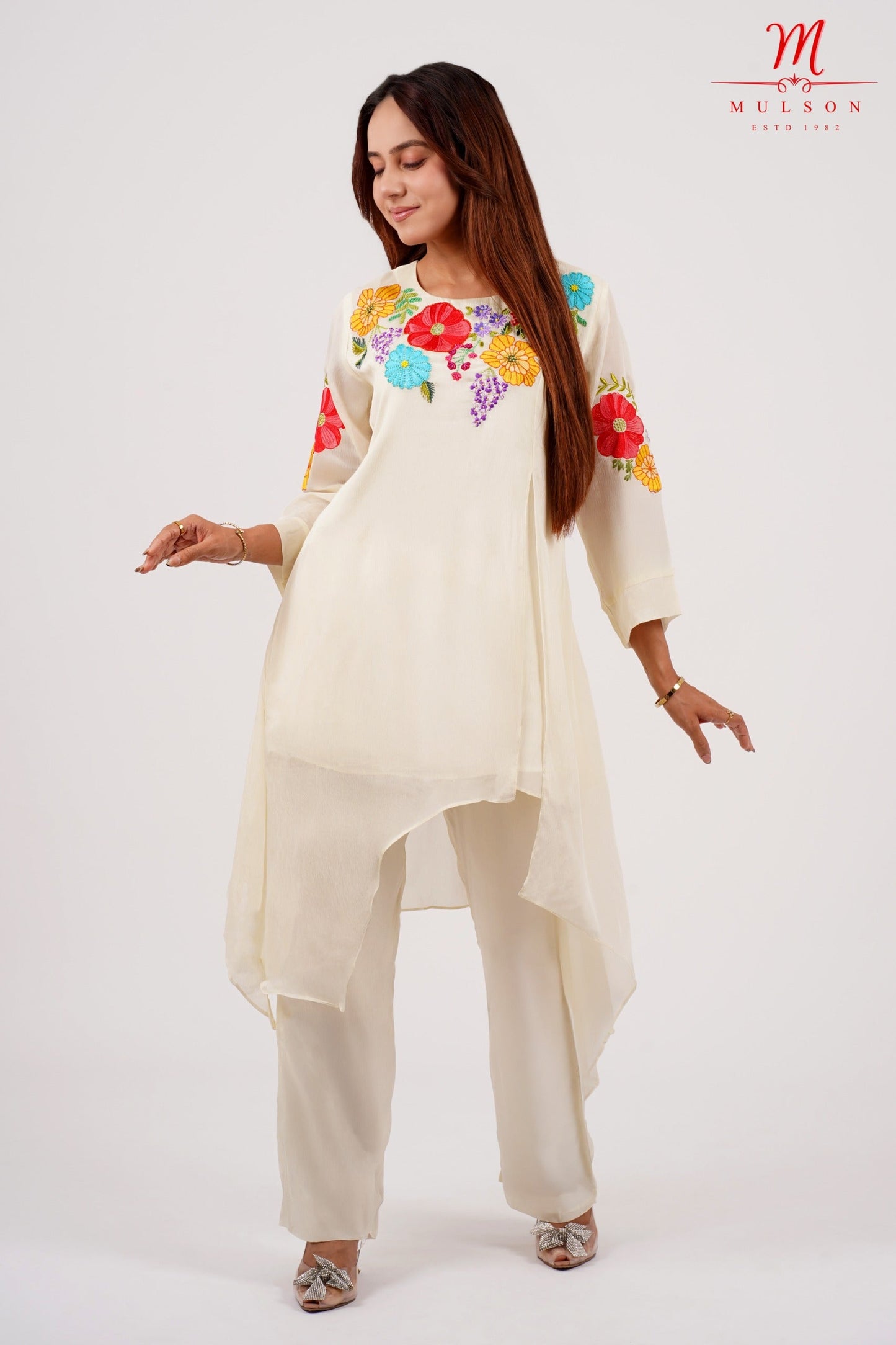 Off-White Asymmetric Kurta Set with Multicolor Floral Embroidery – Mulson