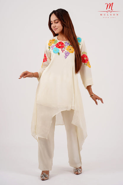 Off-White Asymmetric Kurta Set with Multicolor Floral Embroidery – Mulson