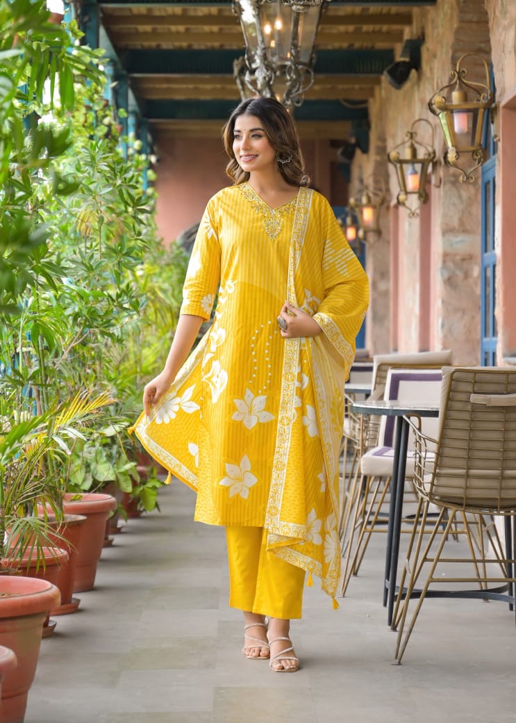Cotton Suit Set Floral Printed  with Dupatta