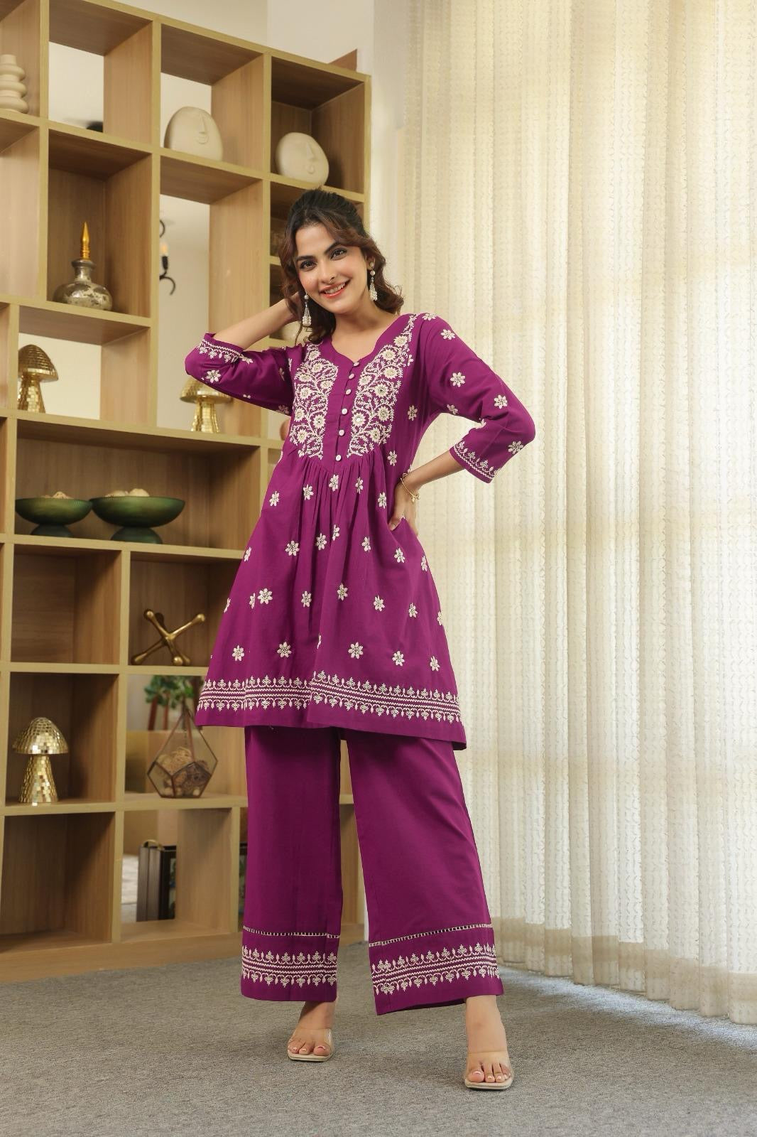 Plum Purple Floral Embroidered Cotton Kurta Set chicken kari suit