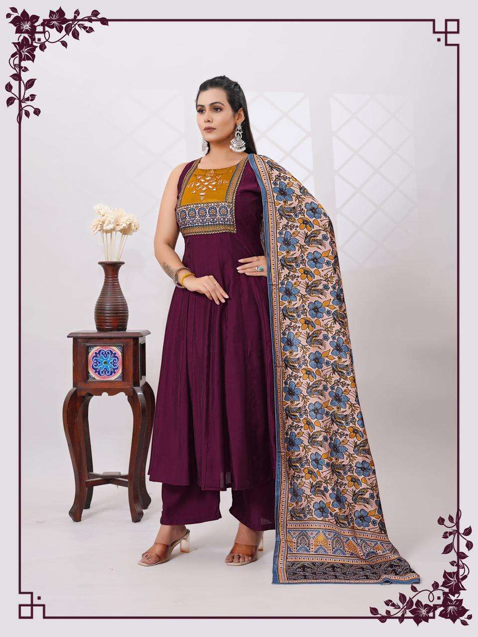 Embroidered Silk Blend Anarkali Kurta Set with Printed Dupatta
