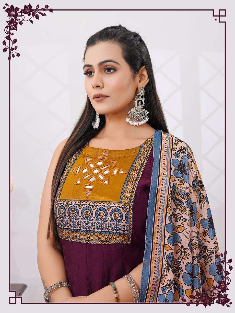 Embroidered Silk Blend Anarkali Kurta Set with Printed Dupatta