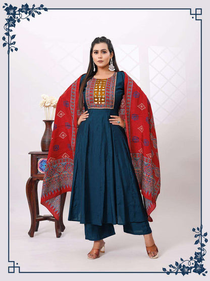 Embroidered Silk Blend Anarkali Kurta Set with Printed Dupatta