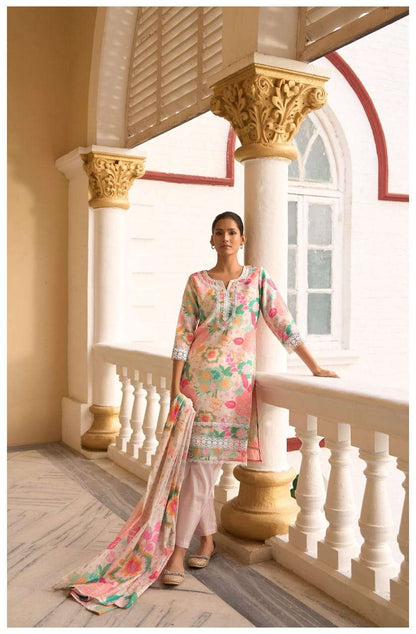 Pastel Pink Floral Kurta Set with Printed Dupatta