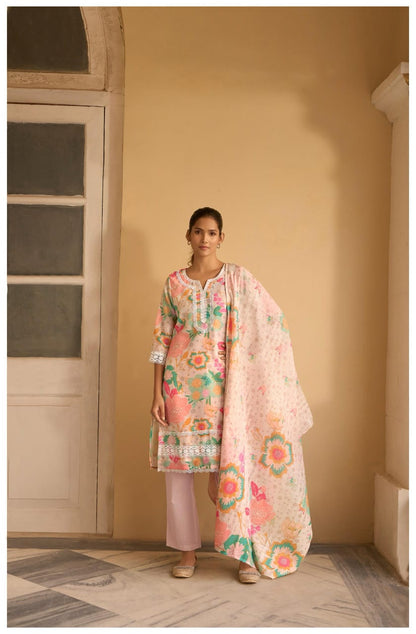 Pastel Pink Floral Kurta Set with Printed Dupatta