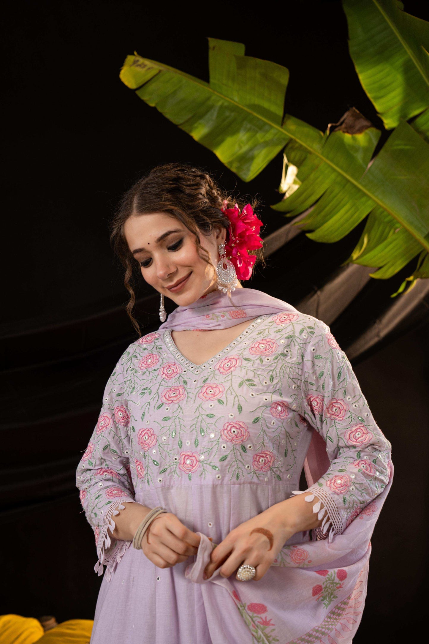 Lavender Cotton Blend Embroidered Kurta Set with Dupatta
