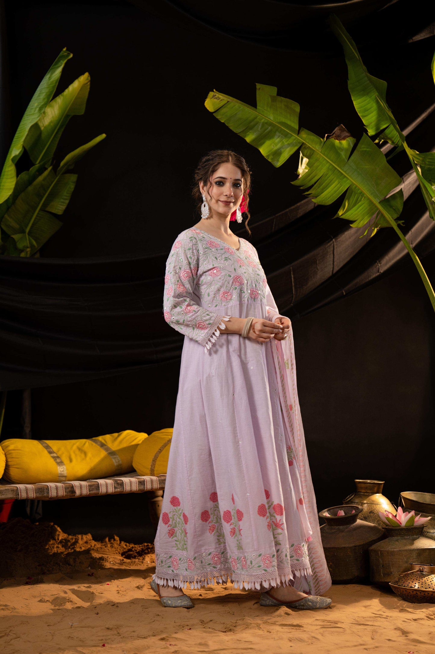 Lavender Cotton Blend Embroidered Kurta Set with Dupatta