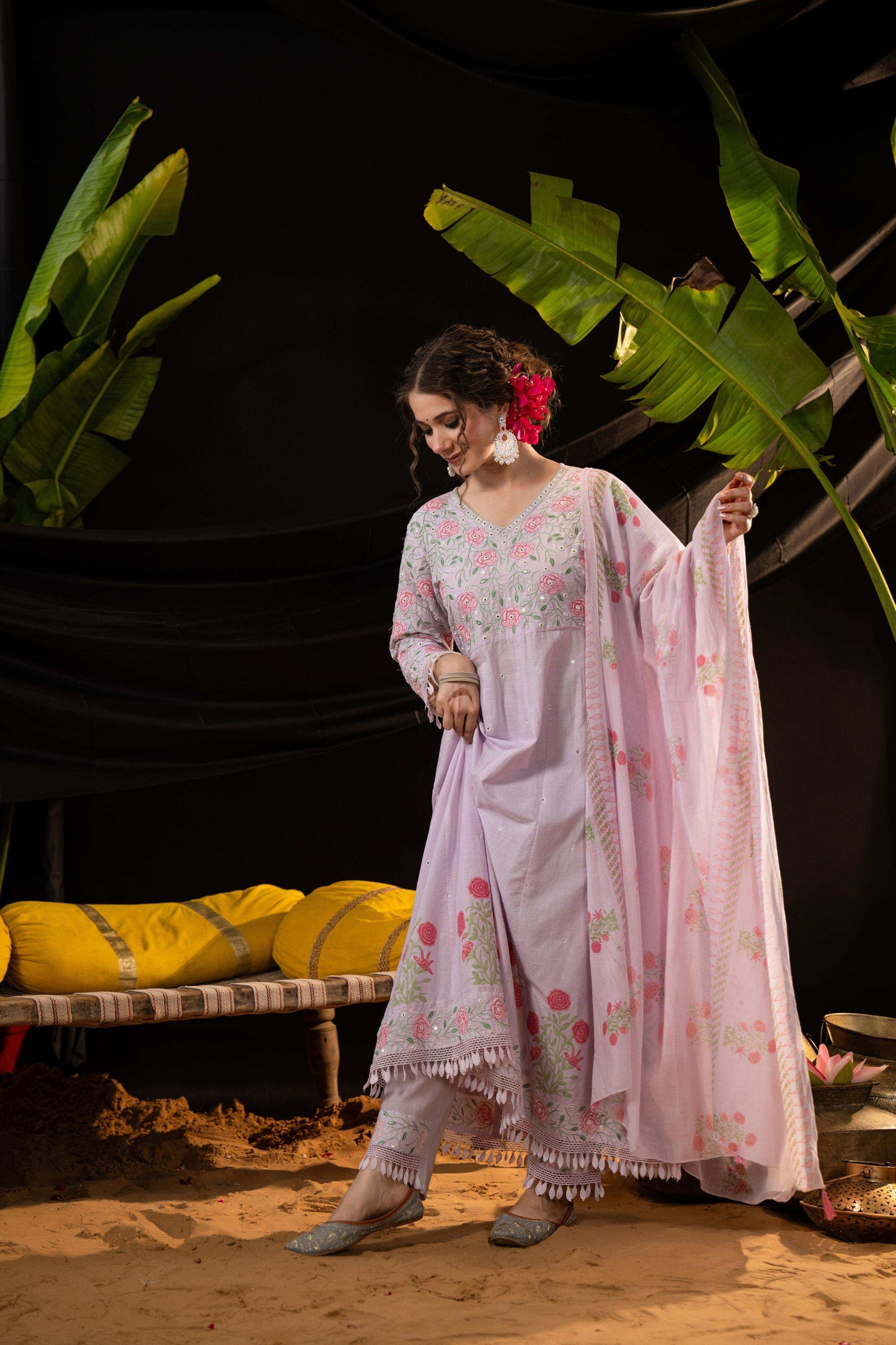 Lavender Cotton Blend Embroidered Kurta Set with Dupatta