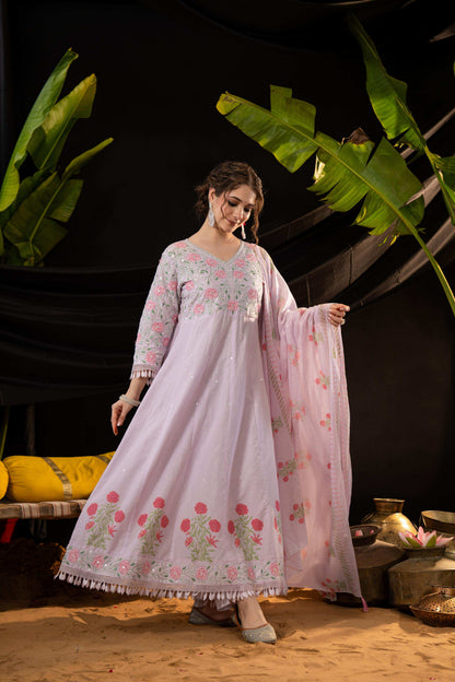 Lavender Cotton Blend Embroidered Kurta Set with Dupatta