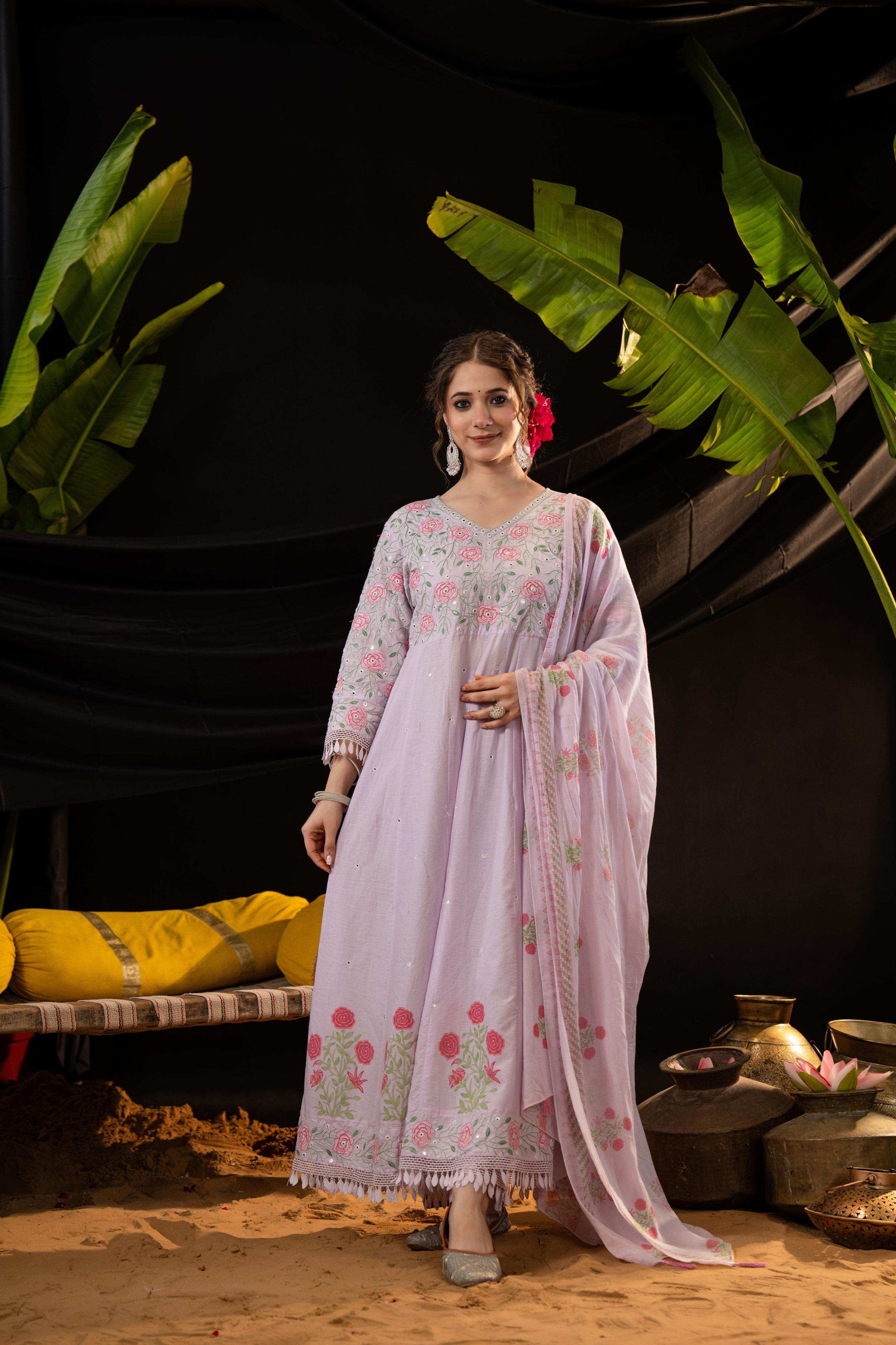 Lavender Cotton Blend Embroidered Kurta Set with Dupatta