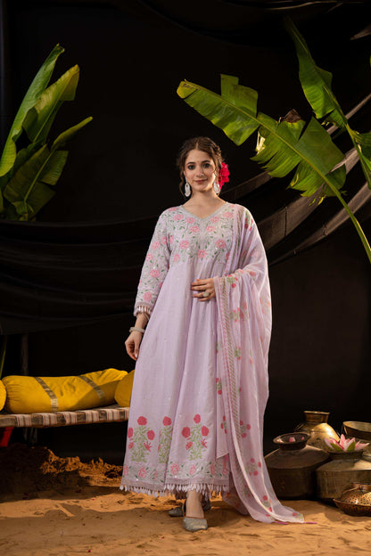 Lavender Cotton Blend Embroidered Kurta Set with Dupatta