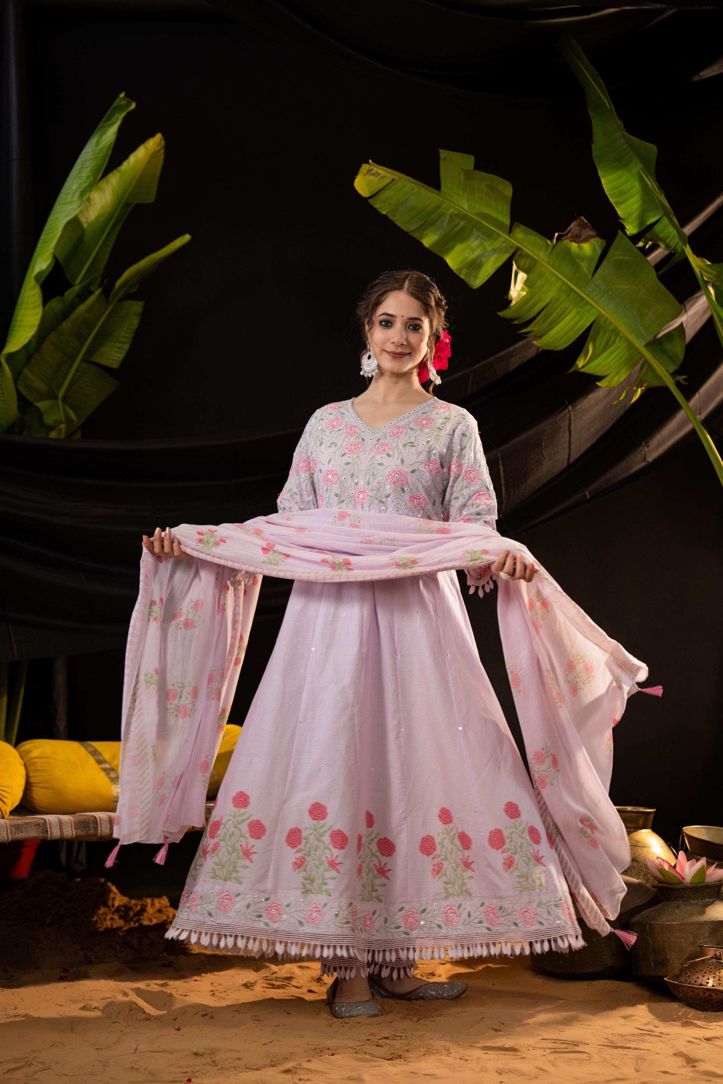 Lavender Cotton Blend Embroidered Kurta Set with Dupatta