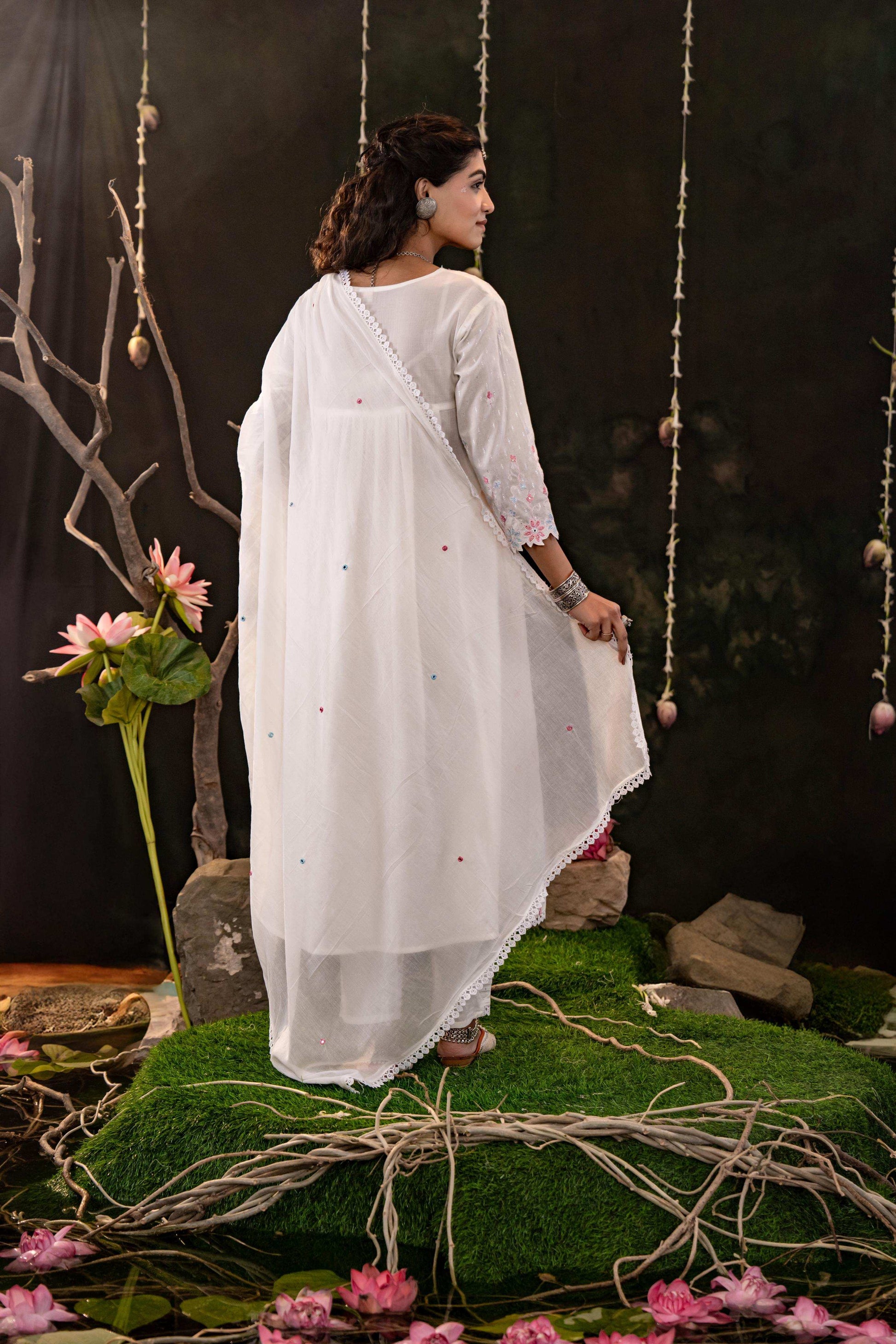 White Cotton Blend Kurta Set with Pink Embroidery and Soft Dupatta