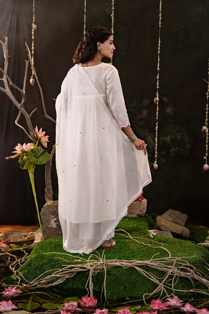 White Cotton Blend Kurta Set with Pink Embroidery and Soft Dupatta