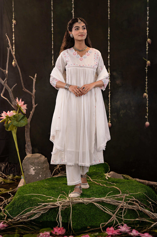 White Cotton Blend Kurta Set with Pink Embroidery and Soft Dupatta
